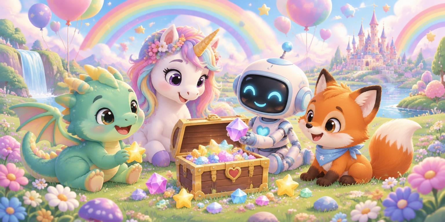 Dragon, unicorn, robot and fox friends playing in a rainbow meadow